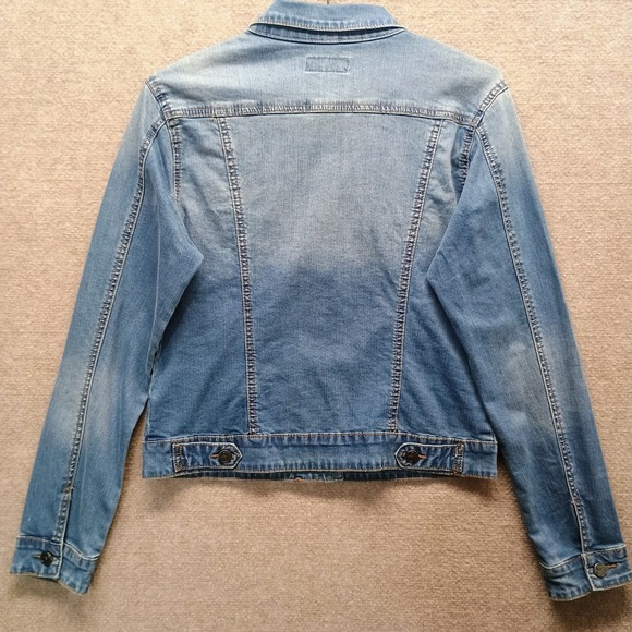 EARL Jean Denim Light Medium Wash Blue Jacket Button-Up Women's MEDIUM Distress - Picture 5 of 7